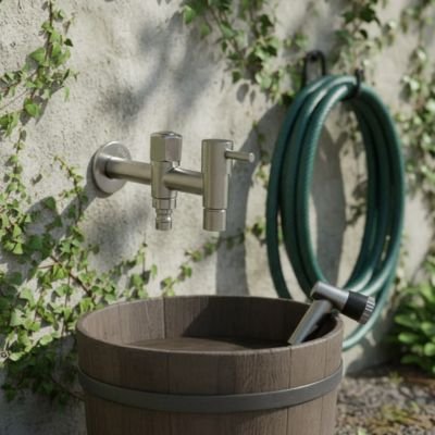 Robinet double sortie FrostProtect au mur de crépit recouvert de lierre, près seau en bois