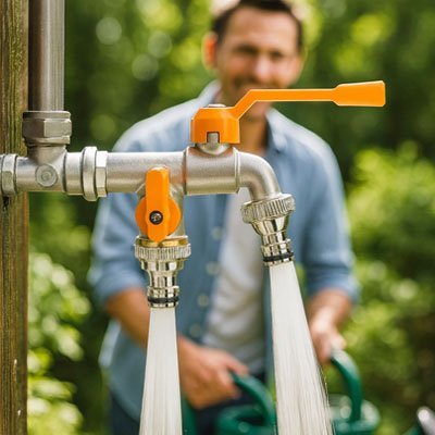 Robinet exterieur Antigel Doubl -O en action avec en arrière plan un homme qui jardine