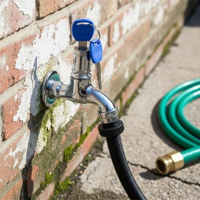 Robinet exterieur Antivol Robust branché à un tuyau noir