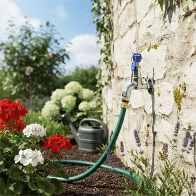 Utilisation l'été du Robinet exterieur Antivol Robust près des fleurs