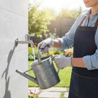 remplissage d'un arrosoir de métal au Robinet extérieur mural FrostProof