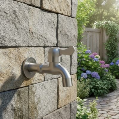 Robinet extérieur mural FrosProof installé sur un mur de pierre