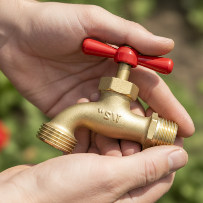 Robinet jardin Laiton Doré Antigel dans mains jardinier