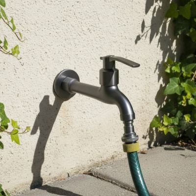 Robinet pour exterieur Arrosage Optimal+ au mur d'une maison crépit blanche