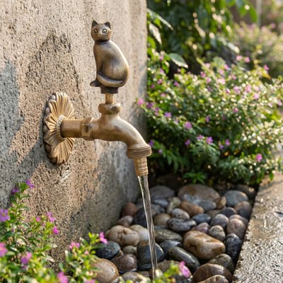 Robinet pour fontaine exterieure Chat Majeste doré