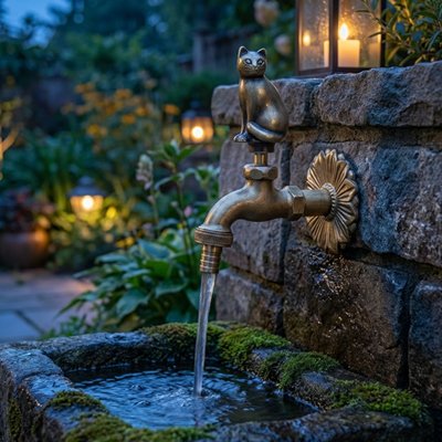 Robinet pour fontaine exterieure Chat Majeste effet rustique autant de jour que de nuit