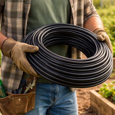 Jardinier tenant un rouleau de micro-tube d’irrigation 4/7 mm avant installation au potager