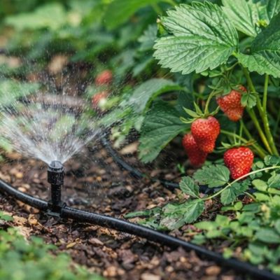 Tuyau arrosage 4/7 mm irrigant des plants de fraises au pied