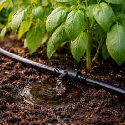 Tuyau arrosage 50m 4/7 mm arrosant du basilic au pied, sol humidifié sans mouiller le feuillage