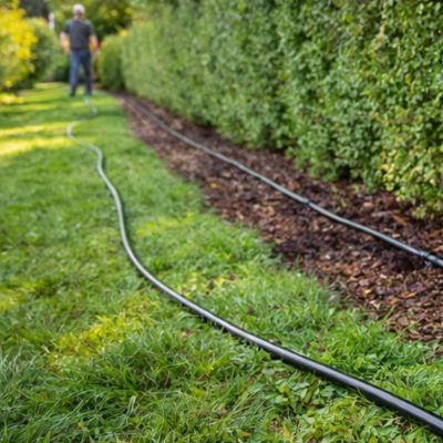 Tuyau arrosage 50m 4/7 mm posé le long d’une haie pour un arrosage ciblé au pied, même en zones difficiles d’accès