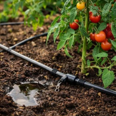 Tuyau arrosage 50m 4/7 mm délivrant l’eau au pied des tomates pour arroser les racines sans mouiller les feuilles