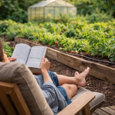 Pause lecture sur terrasse pendant que le système goutte-à-goutte 4/7 mm arrose au pied des plantes