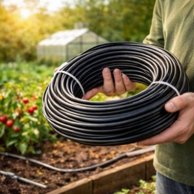 Jardinier tenant un rouleau de micro-tube 4/7 mm 50m pour installer un système goutte-à-goutte