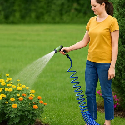 Tuyau arrosage extensible FlexiBlue bleu en spirale, femme arrosant un parterre de fleurs avec pistolet d’arrosage vert et noir