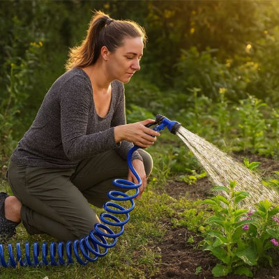 Tuyau arrosage extensible FlexiBlue bleu en spirale, femme à genoux arrosant des plantes au jardin à la lumière dorée