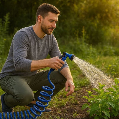 homme accroupi arrosant des plants au potager avec pistolet d’arrosage