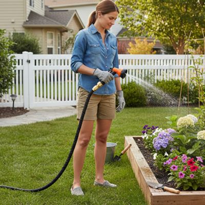 Jardinière arrosant ave Tuyau d’arrosage extensible UltraFlex noir près outils