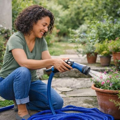 Tuyau extensible AquaFlex 3x bleu, arrosage de fleurs en pot sur terrasse avec buse multi-jets.