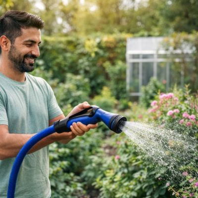 Jardinier utilisant le tuyau extensible AquaFlex 3x bleu pour arroser près d’une serre, jet large en cours.