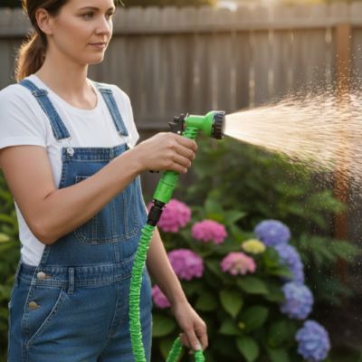 Jardinière arrosant des fleurs avec le tuyau extensible AquaFlex 3x vert, pistolet multi-jets à la main.