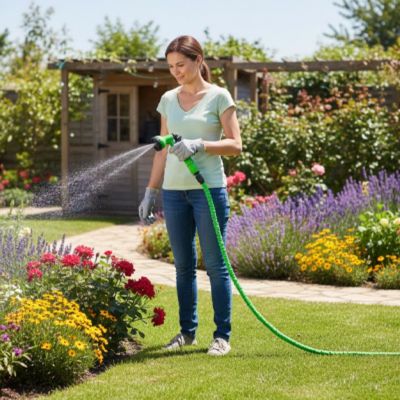Tuyau extensible AquaFlex 3x vert utilisé avec des gants de jardinage, arrosage précis d’un parterre fleuri.