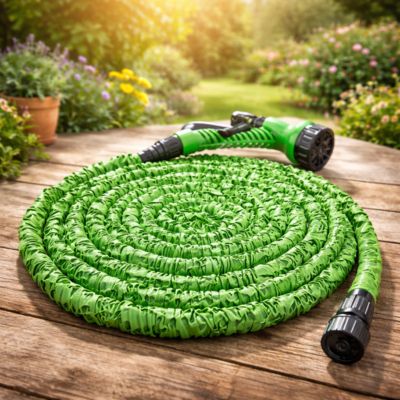 Tuyau extensible AquaFlex 3x vert enroulé sur terrasse, pistolet multi-jets et raccords prêts à l’emploi.